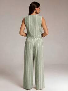 SHEIN Tall 女款條紋單排扣背心與長褲休閒兩件套 - 薄荷綠 - 查看 3