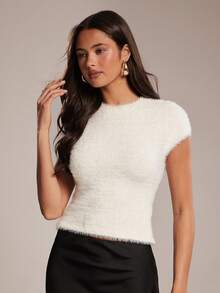 SHEIN BAE Women White Short Sleeve Top, Fuzzy Fluffy Knit T-Shirt With Open Back Cutout, Soft Plush Going Out Top For Summer Night/Open Back Cutout/ Fluffy - Apricot - View 3