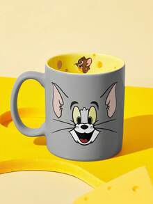 TOM & JERRY X SHEIN 卡通貓鼠陶瓷馬克杯，13.53oz/400ml 創意咖啡杯，內壁印有起司圖案，適合粉絲、居家、辦公室及送禮 - 灰色 - 查看 4
