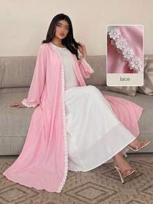 Yasmyna Elegant Pink And White Lace Trim Patchwork Long Sleeve Flared Chiffon Headscarf Abaya For Women - Pink - View 5