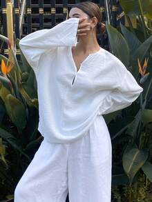 Dazy Tall Women's Loose Long Sleeve Vacation Style Pullover Casual Shirt Fall - White - View 8