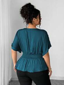 Elenzga Women's Plus Size Island Satin Round Neck Dropped Shoulder Cuffed Sleeve Wide Waist Center Ruched Back Elastic Gathered Short Hem Short Sleeve Blouse, Duck Blue, Elegant French Romantic Vintage Office Commute Business Casual Beach Vacation Street Style Minimalist Versatile Old Money Style Shirt, Wedding Season Valentine's Day Afternoon Tea Party Spring Summer New - Teal Blue - View 2