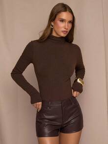 SHEIN BAE Pantalones cortos de unicolor para mujer de moda para ir al trabajo - Marrón Chocolate - Ver 3