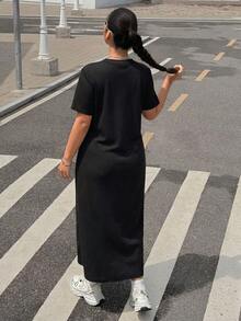 Muchica 大尺碼夏季休閒純色開衩下擺洋裝 - 黑色 - 查看 2