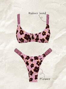 Elavelle Women's Summer Random Print Thick Strap Ruched High Cut Sexy Bikini Set - Multicolor - View 4