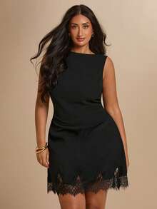 SHEIN BAE CURVE 大尺碼女款黑色蕾絲拼接無袖洋裝 - 黑色 - 查看 4