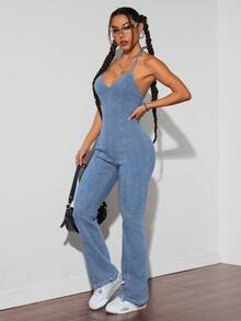 INAWLY Women's Flare Leg Casual Halter Neck Backless Denim Jumpsuit - Light Wash - View 3