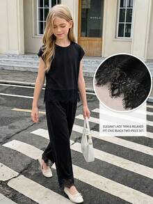 SHEIN 青少年女孩純黑色蕾絲裝飾下擺圓領短袖T恤上衣寬腿褲2件套，休閒優雅黑色褲裝套裝，適合家庭夏季穿著 - 黑色 - 查看 10