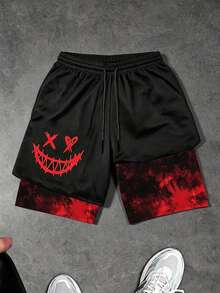 Gym Rark Men's Drawstring Waist Smiling Face Print Casual Daily Travel Sports Shorts - Black - View 3