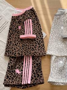 SHEIN 2pcs Vintage Leopard Print & Striped Round Neck Short Sleeve T-Shirt And Shorts Set,Young Girls Casual Outfit For Summer Daily,Holiday,School,Sports - Multicolor - View 7