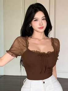 Joudiya 夏季波點透視網紗 T-shirt 棕色蕾絲上衣 婚禮派對修身顯瘦優雅短袖女款上衣 - 棕色 - 查看 8