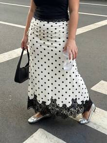 SHEIN MOD Plus Size Women Pleated Tie-Up Polka Dot Lace Patchwork A-Line Skirt, Elegant Wedding Guest Summer - Black and White - View 3