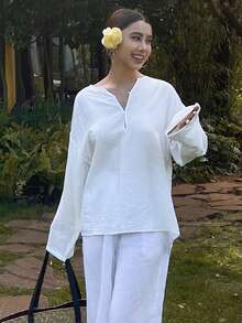 Dazy Tall Women's Loose Long Sleeve Vacation Style Pullover Casual Shirt Fall - White - View 3