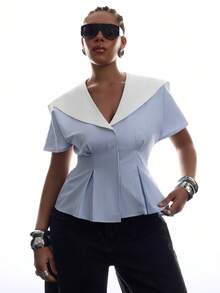 LYSMO Plus Size Women's Summer Striped Sailor Collar Short Sleeve Pleated Hem Blouse Back-To-School Graduation Blue And White Sailor - Multicolor - View 3