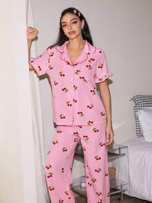 Lowkey Lull Cherry Print Lapel Collar Short Sleeve Pajama Set For Women - Multicolor - View 3