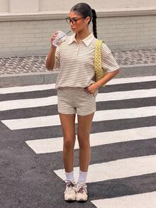 Muchica 女款條紋拼接短袖上衣與短褲休閒日常套裝 - 杏色 - 查看 5