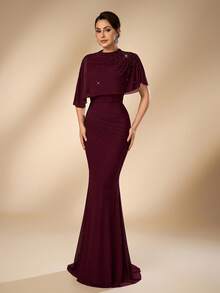 Aureia 2026 Nuovo Elegante Abito Lungo Rosso Angola Romantico in Rete Lussuoso con Decorazioni di Perline e Diamanti Arricciati Vestibilità Slim Bodycon per Donne Matrimoni Eventi Tutte le Occasioni Formali Sposa Madre Abito da Sera - Bordò - Visualizzare 5