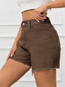 Celana Pendek Denim Kasual Wanita Pinggang Tinggi dengan Saku dan Ujung Berumbai - Coklat - View 4