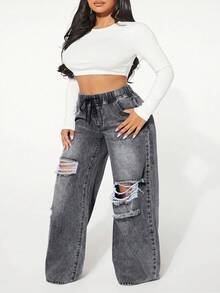 SHEIN SXY Celana Jeans Denim Kasual Wanita Ukuran Besar dengan Tali Serut di Pinggang dan Saku, Model Lebar dan Rusak. - Light Grey - View 4