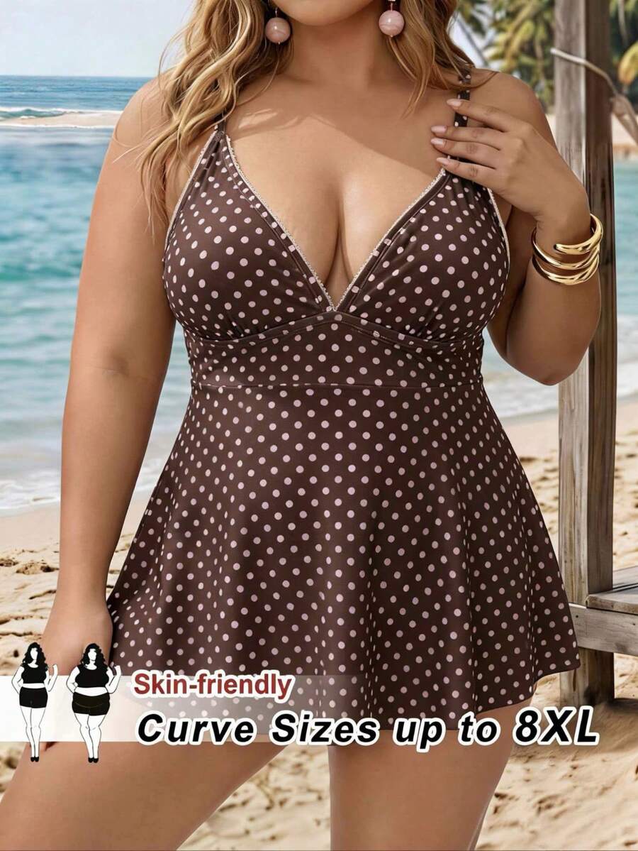 SHEIN CURVE+ Plus Size Women's Summer Beach Vacation Polka Dot Print Tankini Swimwear - Brown - View 1