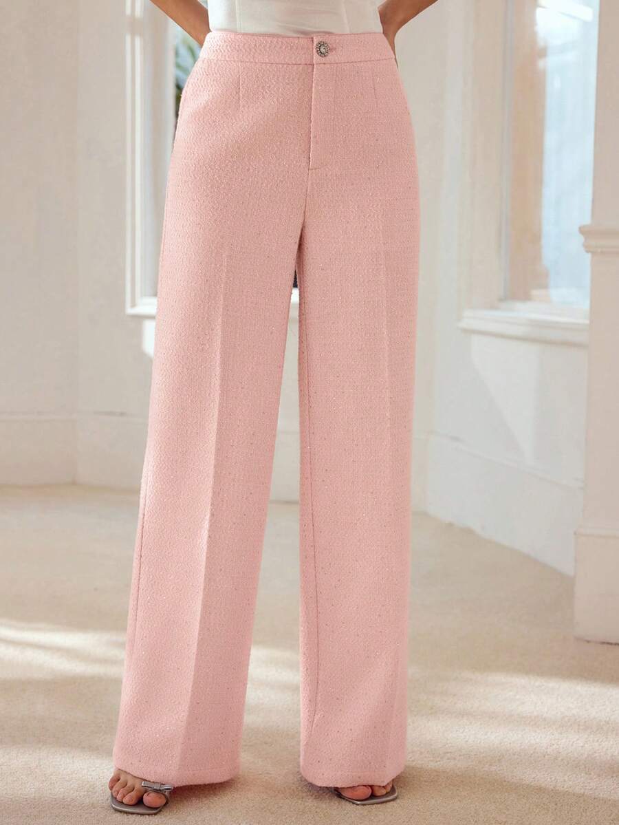 MOTF PREMIUM WOMEN'S TWEED SOLID COLOR SEAM FRONT WIDE LEG SUIT PANTS - Pink - View 2