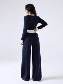LYSMO Women's Colorblock Long Sleeve Single-Breasted Knit Cardigan And Knit Pants Casual Set - Navy Blue - View 2