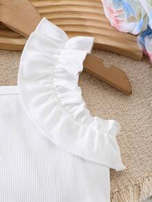 Elladie kids Tween Girls 2pcs/Set Summer New Ribbed T-Shirt , White Ribbed Knit Fabric Square Neck With Playful Ruffle Flutter Sleeves Sleeveless... - Blue and White - View 7