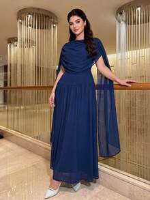 SHEIN Lady CURVE Plus Size Elegant Party Solid Color Ruched Dress Summer - Blue - View 8