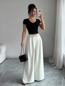SHEIN Elenzya Celana Setelan Wanita Elegan Terbaru, Kasual, Desain Pinggang Tinggi, Resleting Samping, Pola Kancing Dekoratif, Kaki Melebar, Cocok untuk Dipakai di Musim Semi dan Gugur. Warna Solid Blok, Rantai Logam, Mode Minimalis untuk Berpergian ke Kantor - Aprikot - View 7