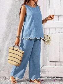 SHEIN Maternity Curved Hem Sleeveless Top And Pants Casual Denim Two Pieces Set Vacation Business Elegant Festival Party Beach Work Baby Blue Summer - Blue - View 4