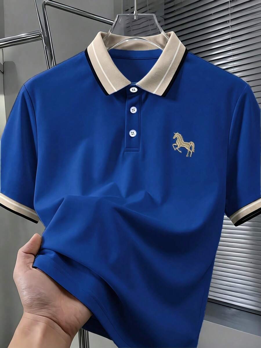 Calvornis 男士珠飾羅紋領刺繡短袖休閒 Polo 衫 - 寶藍色 - 查看 1