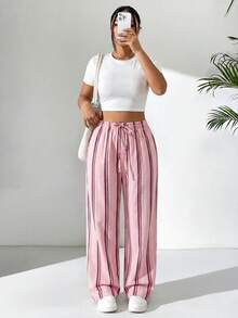 Comfortcana Spring/Summer Vacation Style Linen Casual Plus Size Women's Striped Waist Tie Pants - Baby Pink - View 4