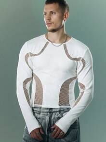 FeverCity Men's Hollow Design Crew Neck Long Sleeve T-Shirt - White - View 1