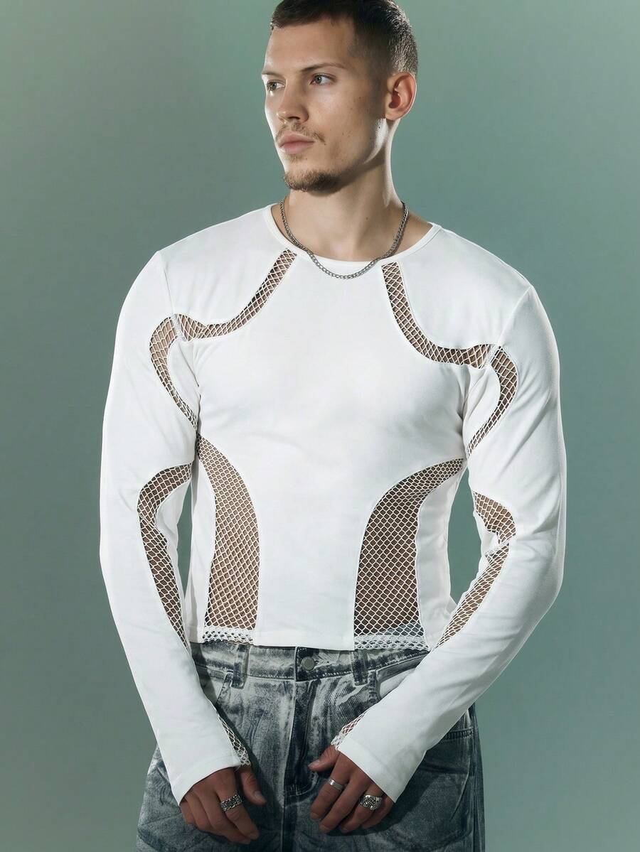 FeverCity Men's Hollow Design Crew Neck Long Sleeve T-Shirt - White - View 1