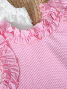 SHEIN Genkimix Kids 少女 3 件組：夏季純色荷葉邊背心上衣－粉色、白色與黑色 - 彩色 - 查看 7