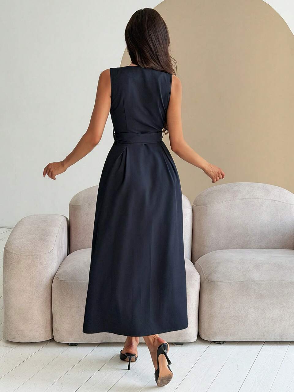 Summer Lace-Up Bow Collar Long Sleeve Pleated Satin Fabric Loose High Waist Women's Long Dress Office Navy Blue Elegant