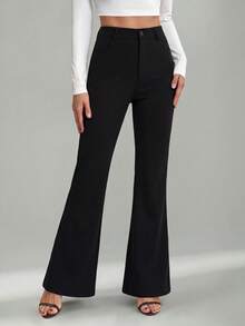 SHEIN Tall Celana Panjang Wanita Warna Polos Kancing Depan Kasual Model Pas Badan Model Flare - Hitam - View 2