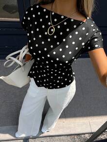 Neue modische Damen-Bluse im Pendlerstil mit geraffter Taille, asymmetrischem Saum und kurzen Ärmeln, eleganter Damen-Pullover mit geraffter Taille - Schwarz - Übersicht 6