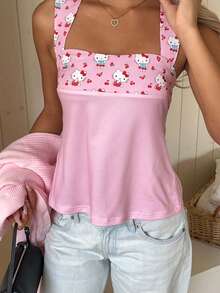 CovetEZ HELLO KITTY AND FRIENDS | SHEIN 女款性感修身細肩帶上衣，適合春夏，IP聯名Hello Ktty印花圖案，適用於度假、畢業季、夏季上衣、日常通勤、約會、派對、秋冬春夏、聖誕節、新年、畢業典禮等場合 - 彩色 - 查看 6