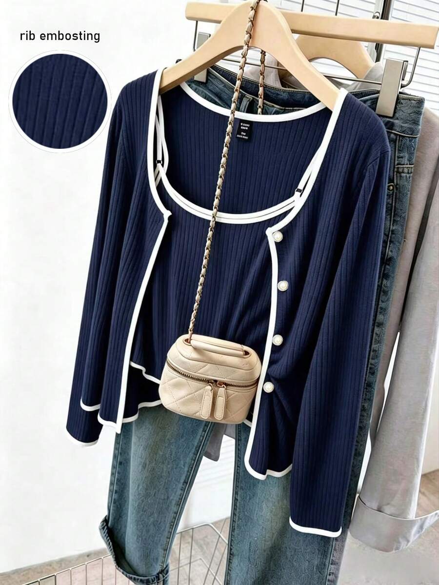 GlowEve CURVE Conjunto de 2 piezas de camiseta de punto acanalado y chaqueta con botones delanteros para uso diario informal de talla grande - Azul Marino - Ver 1