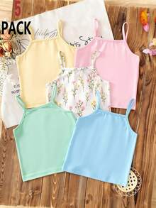5pcs/Set Girls' Camisole Tank Tops, Rich Colors, Versatile, 4 Soft Macaron Colors - Light Yellow, Light Pink, Sky Blue, Mint Green, With Fresh Ditsy Floral Style In The Middle, Refreshing And Eye-Catching For Single Wear, Also Great For Layering, Suitable For Daily School, Outings, Etc., Practical And Versatile, Essential All-Match For Spring/Summer Wardrobe - Multicolor - View 1