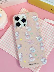 HELLO KITTY AND FRIENDS | SHEIN HelloKitty 全角色與反派彩色貼紙拼貼印花 粉色邊框皮革紋理手機殼 防震防摔 全包覆保護殼 適用 iPhone 17 Pro Max 16 15 14 13 12 Pro Max Plus Y2K 復古美學 可愛甜美 Ins 風高顏值手機殼 - 彩色 - 查看 5