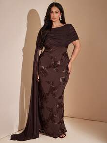 SHEIN BAE CURVE Plus Size Women's Brown 3D Floral Extra Long Dress,Wedding Formal Evening Dinner,Back To School,Party,Graduation,Going Out,Birthday,Elegant Autumn - Brown - View 4