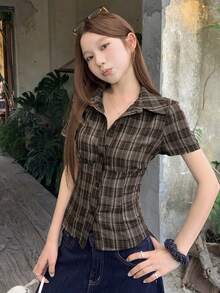 DAZY 女士夏季纯色翻领修身短袖白色衬衫 - 粉色 - 查看 5
