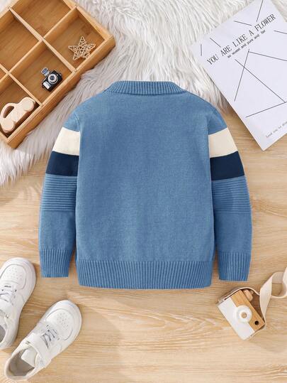 SHEIN Kids Young Boy Striped Crew Neck Long Sleeve Casual Autumn Winter Sweater