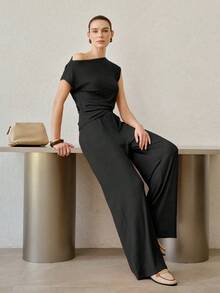 MOTF PREMIUM WOMEN'S CASUAL RUCHED ASYMMETRIC NECKLINE KNIT TOP & PANTS TWO PIECES SET - Black - View 1