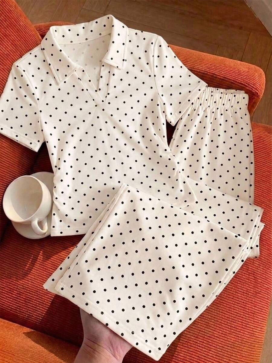 SHEIN 少女法式復古波點套裝,白色底黑波點上衣,翻領V領短袖設計配抓皺腰部,適合夏季日常穿著與休閒約會,返校穿搭 - 白色 - 查看 1