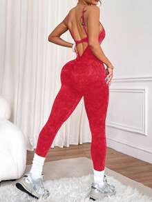 SHEIN Sports 1件女款磨砂水洗圓領扭轉細肩帶連身褲，紅色夏季性感健身運動瑜珈訓練連身褲 - 紅色 - 查看 5