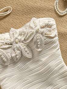 Bonvoyette Women's Summer New Solid Color Coffee Fabric Starfish Pearl Decor One-Piece Swimsuit, Suitable For Beach Vacation, Date Party, Slim Fit Sexy Swimsuit, Side Bow Tie Swimsuit, Strapless Bandeau One-Piece Swimsuit, 3D Floral Decoration - Beige - View 5