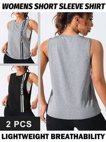 SHEIN Rhythm Era Damen Große Größen Sport Yoga Outdoor Fitness Tanktop Ärmellos T-Shirt 2 Stücke Set mit Brust einseitig Doppelstreifen Buchstaben Muster Basic minimalistischer Stil - Verschiedenfarbig - Übersicht 2